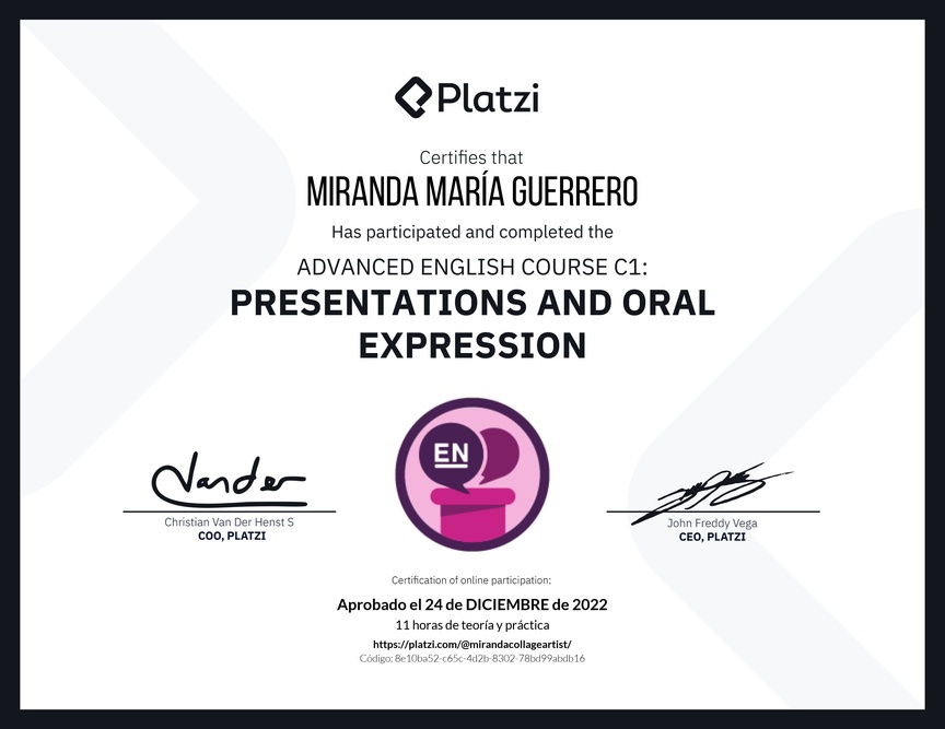 Diploma del Curso de Inglés Avanzado C1: Presentaciones y Expresión Oral