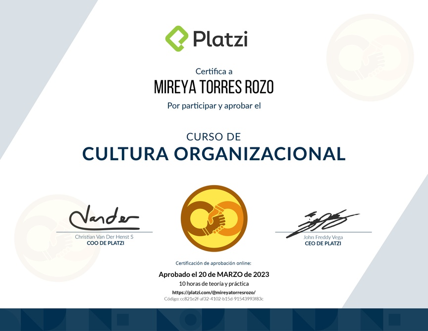 Diploma del Curso de Cultura Organizacional para Diagnosticar y Potenciar el Desarrollo de tu Empresa