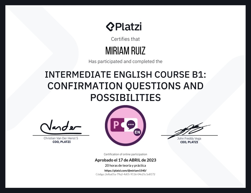 Diploma del Curso de Inglés Intermedio B1: Preguntas de Confirmación y Posibilidades