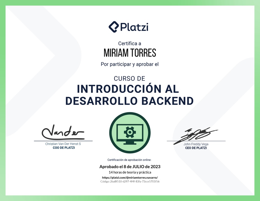 Diploma del Curso de Introducción al Desarrollo Backend