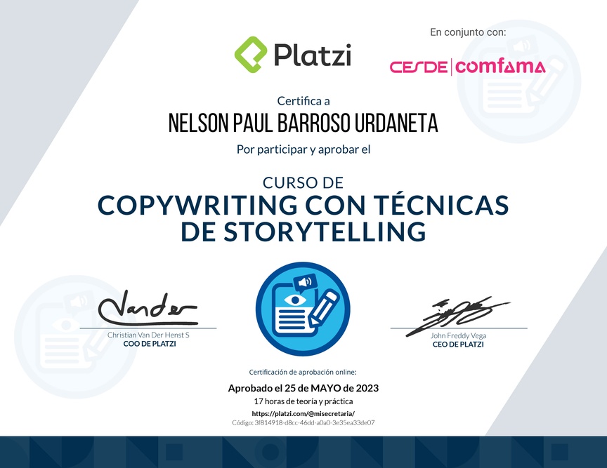 Diploma del Curso de Copywriting con Técnicas de Storytelling