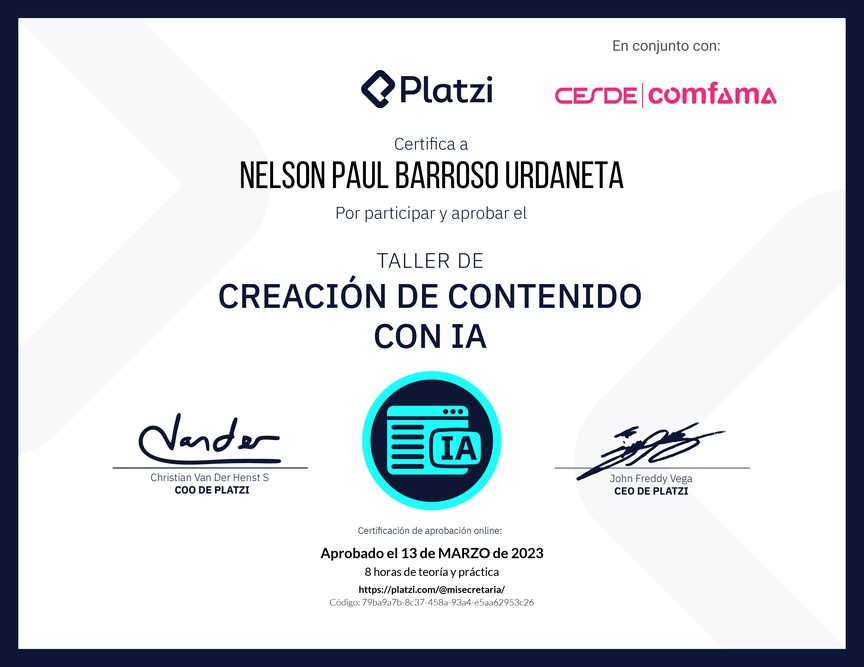 Diploma de Taller de Creación de Contenido con Inteligencia Artificial