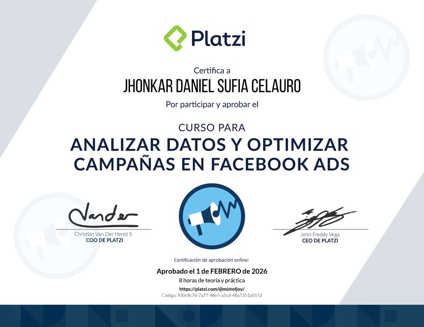 Diploma del Curso para Analizar Datos y Optimizar Campañas en Facebook Ads