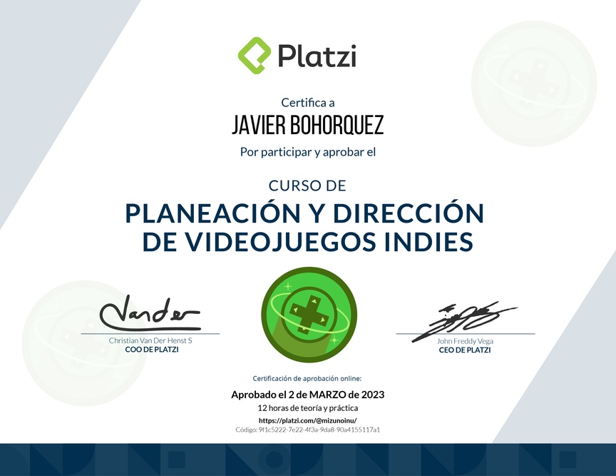 Diploma del Curso de Planeación y Dirección de Videojuegos Indies