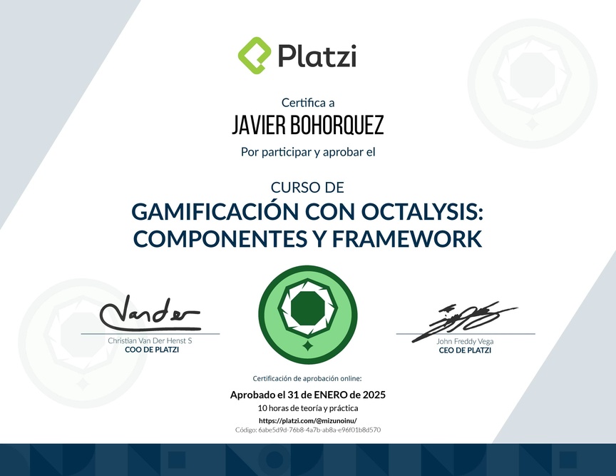 Diploma del Curso de Gamificación con Octalysis: Componentes y Framework