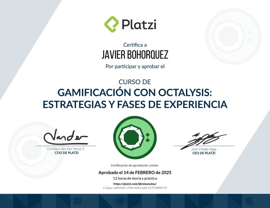Diploma del Curso de Gamificación con Octalysis: Estrategias y Fases de la Experiencia