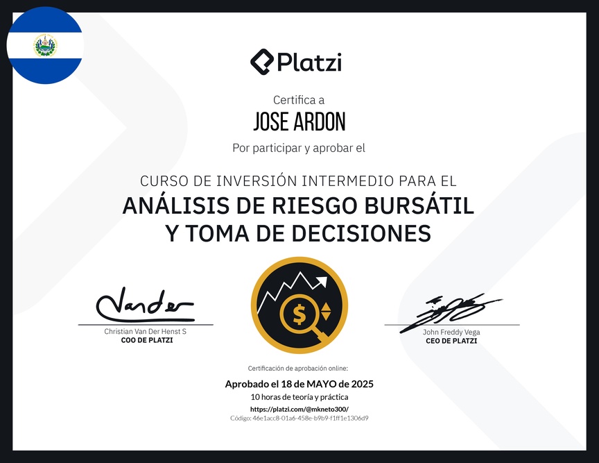 Diploma del Curso de Inversión Intermedio para el Análisis de Riesgo Bursátil y Toma de Decisiones