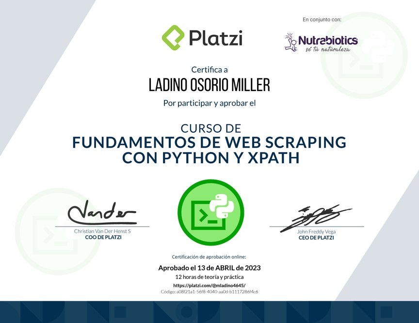 Diploma del Curso de Fundamentos de Web Scraping con Python y Xpath