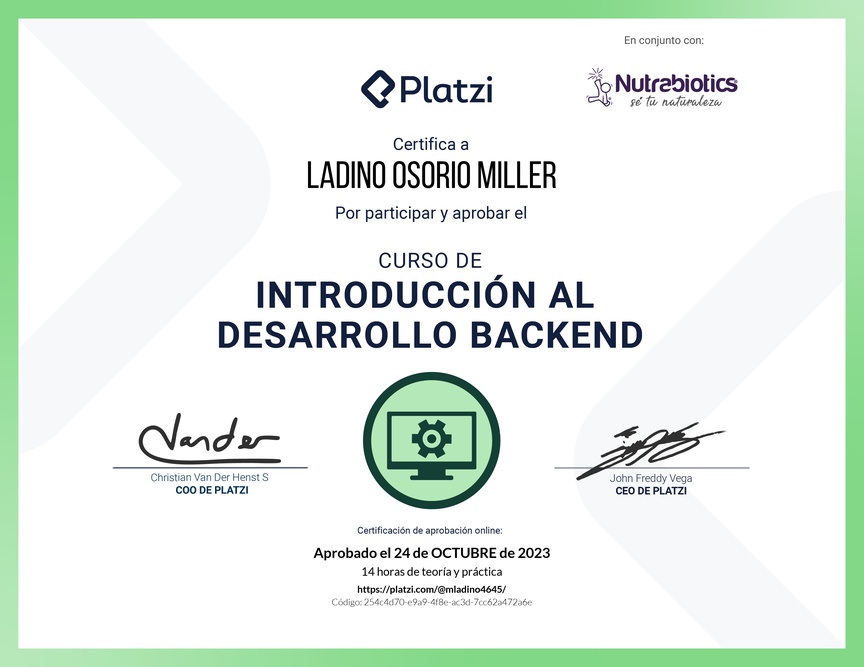 Diploma del Curso de Introducción al Desarrollo Backend