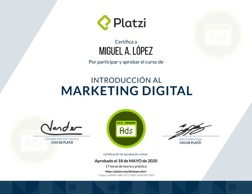 Diploma del Curso de Introducción al Marketing Digital (2018)