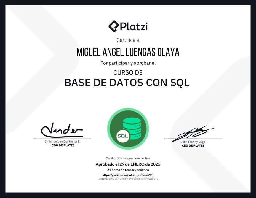 Diploma del Curso de Bases de Datos con SQL