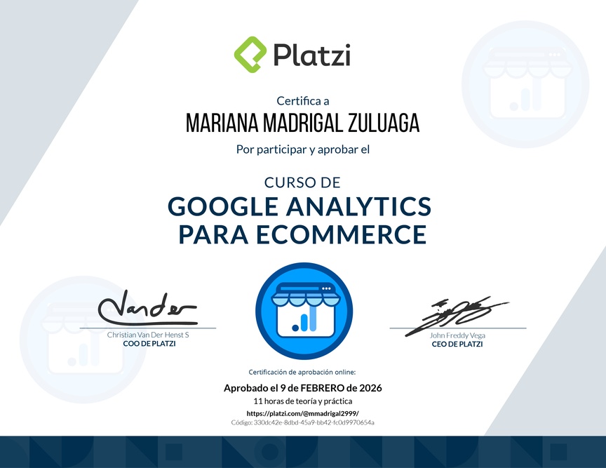 Diploma del Curso de Análisis de Reportes de Ecommerce con Google Analytics