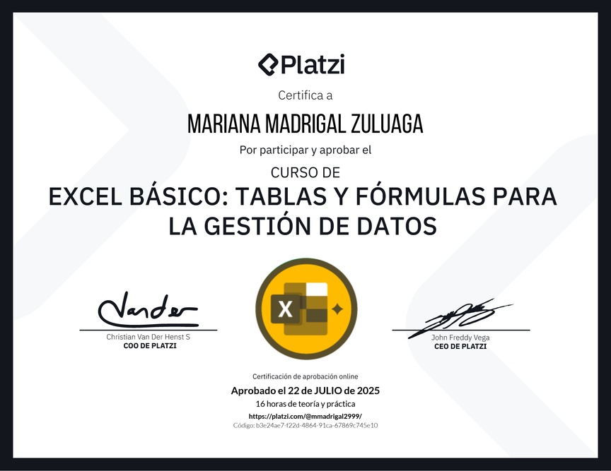 Diploma del Curso de Excel Básico: Tablas y Fórmulas para la Gestión de Datos