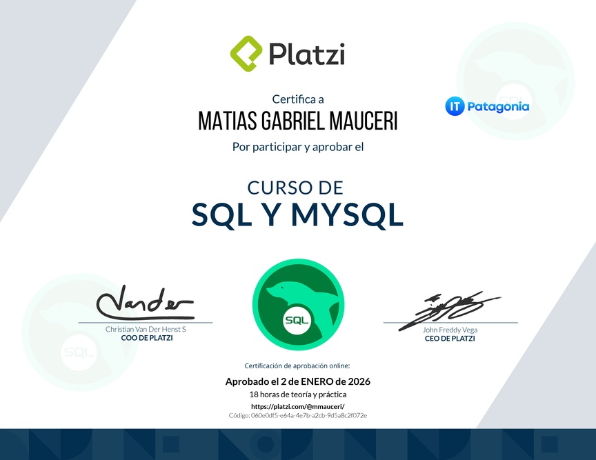 Diploma del Curso de SQL y MySQL 2018