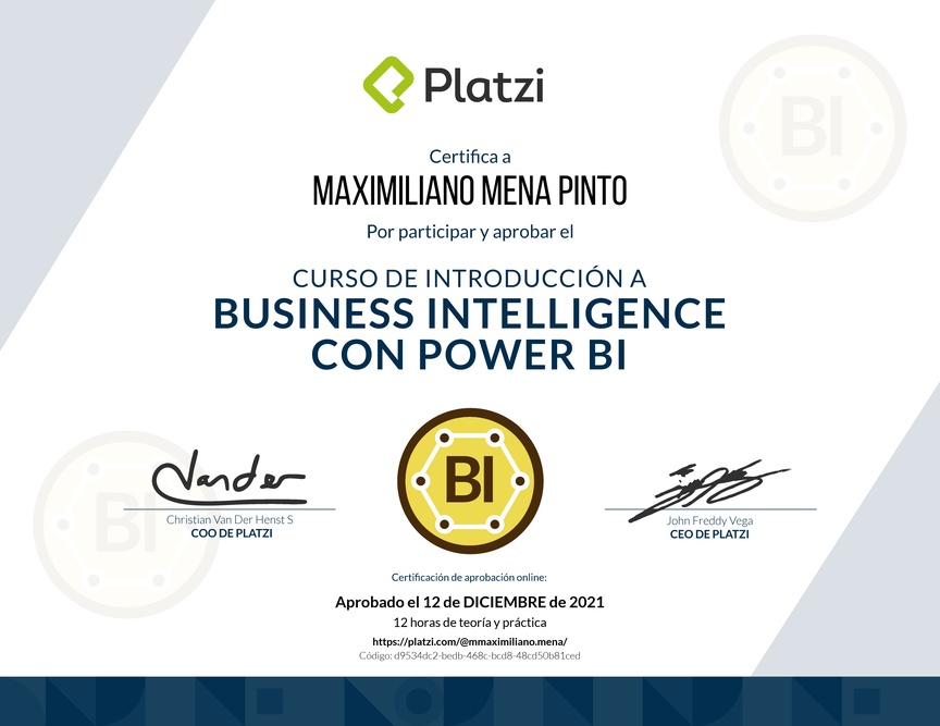 Diploma del Curso de Introducción a Business Intelligence con Power BI