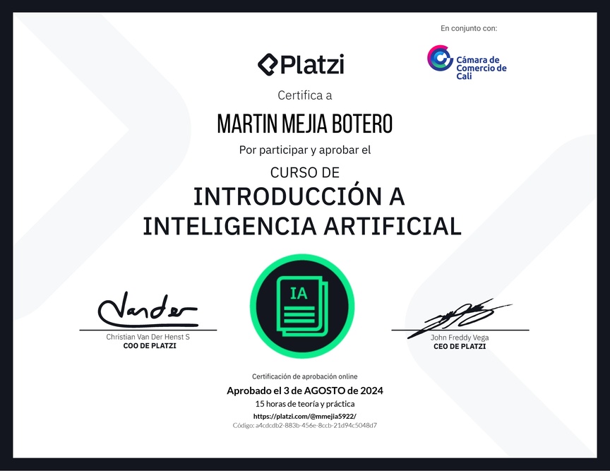 Diploma del Curso de Introducción a Inteligencia Artificial (2023)