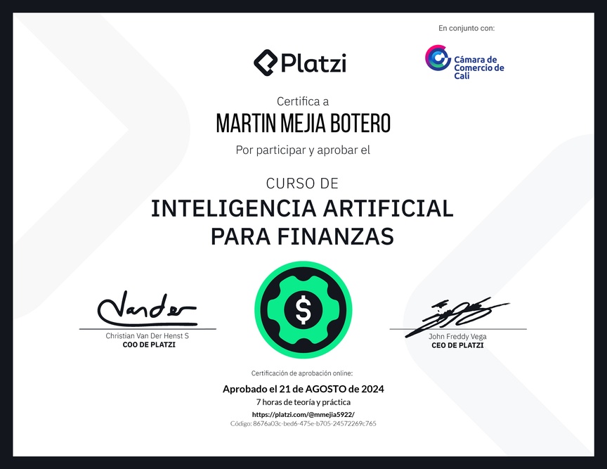 Diploma del Curso de Inteligencia Artificial para Finanzas