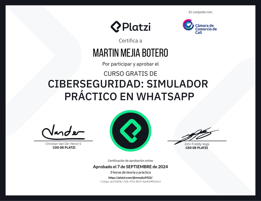 Diploma del Curso Gratis de Ciberseguridad: Simulador Práctico en WhatsApp