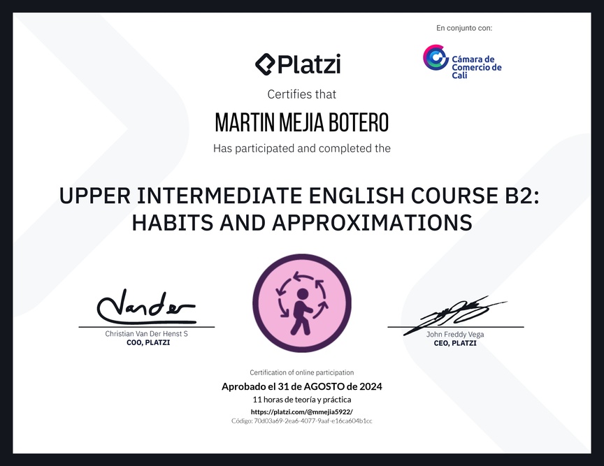 Diploma del Curso de Inglés Intermedio Alto B2: Hábitos y Aproximaciones