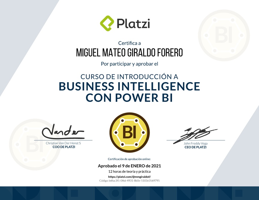 Diploma del Curso de Introducción a Business Intelligence con Power BI