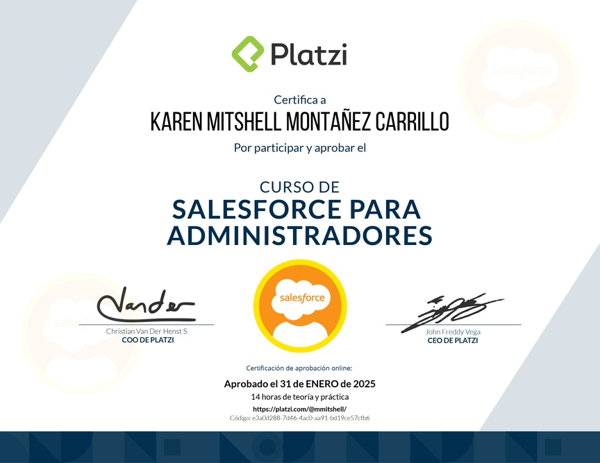 Diploma del Curso de Salesforce para Administradores