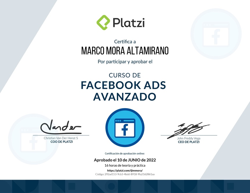 Diploma del Curso de Facebook Ads Avanzado