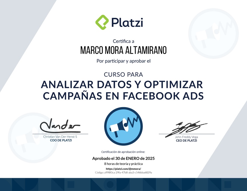 Diploma del Curso para Analizar Datos y Optimizar Campañas en Facebook Ads