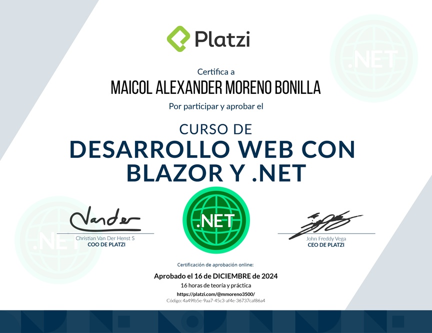 Diploma del Curso de Desarrollo Web con Blazor y .Net Core 3