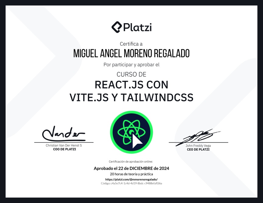Diploma del Curso de React.js con Vite.js y TailwindCSS