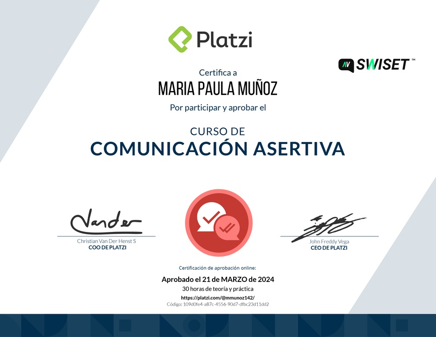 Diploma del Curso de Comunicación Asertiva para la Vida Personal y Profesional (2021)