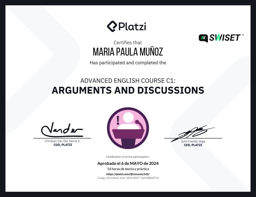Diploma del Curso de Inglés Avanzado C1: Argumentos y Discusiones