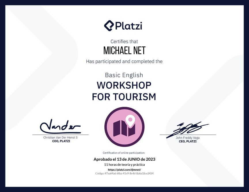 Diploma del Curso de Inglés Práctico para Viajes de Turismo