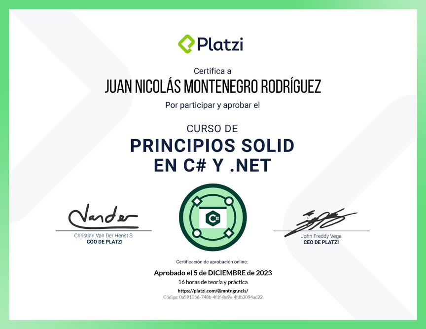 Diploma del Curso de Principios SOLID en C# y .NET