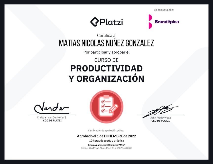 Diploma del Curso de Productividad y Organización