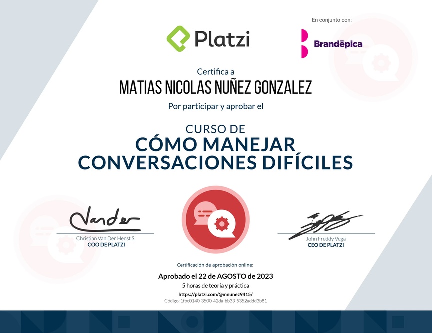 Diploma del Curso de Cómo Manejar Conversaciones Difíciles con Clientes