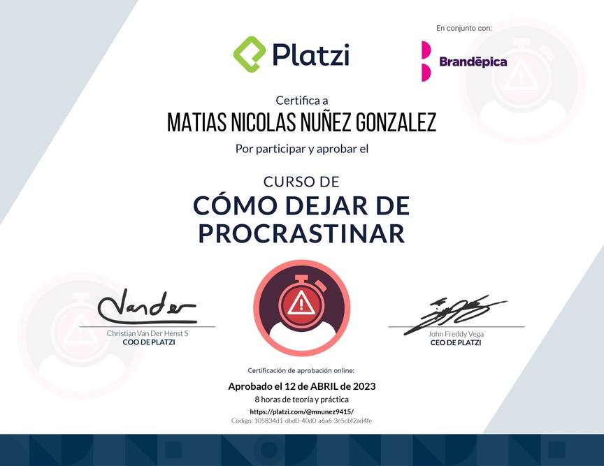 Diploma del Curso de Cómo Dejar de Procrastinar