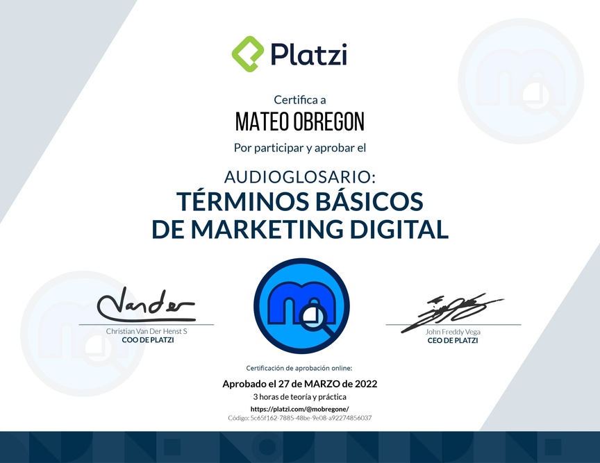 Diploma de Audioglosario Términos Básicos de Marketing Digital