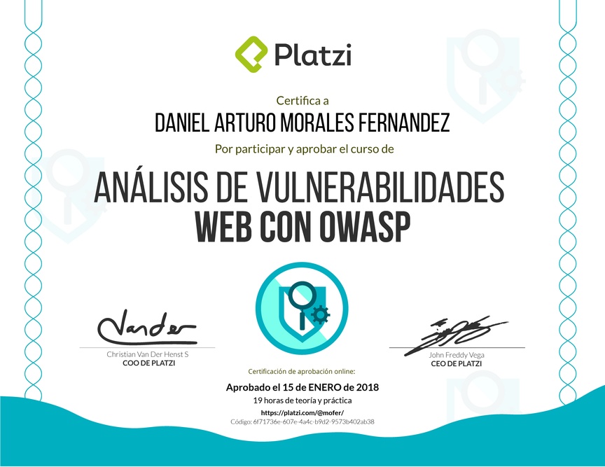 Diploma del Curso de Análisis de Vulnerabilidades Web con OWASP 2017