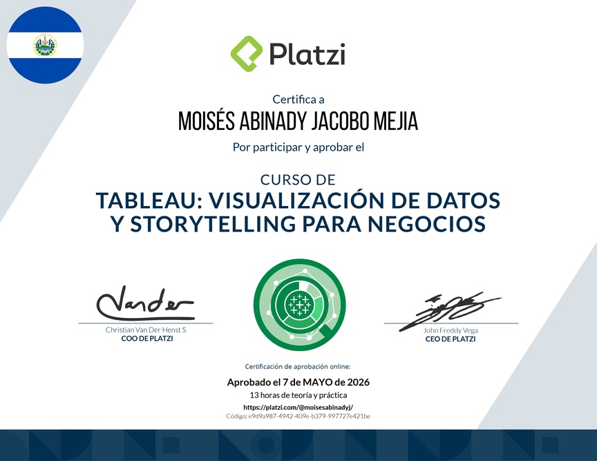 Diploma del Curso de Tableau: Visualización de Datos y Storytelling para Negocios