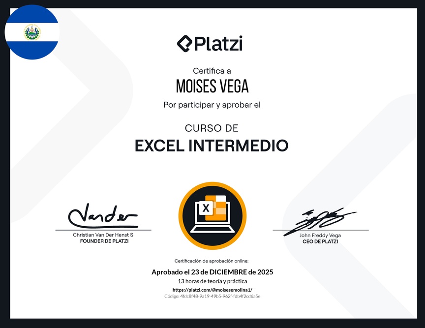 Diploma del Curso de Excel Intermedio