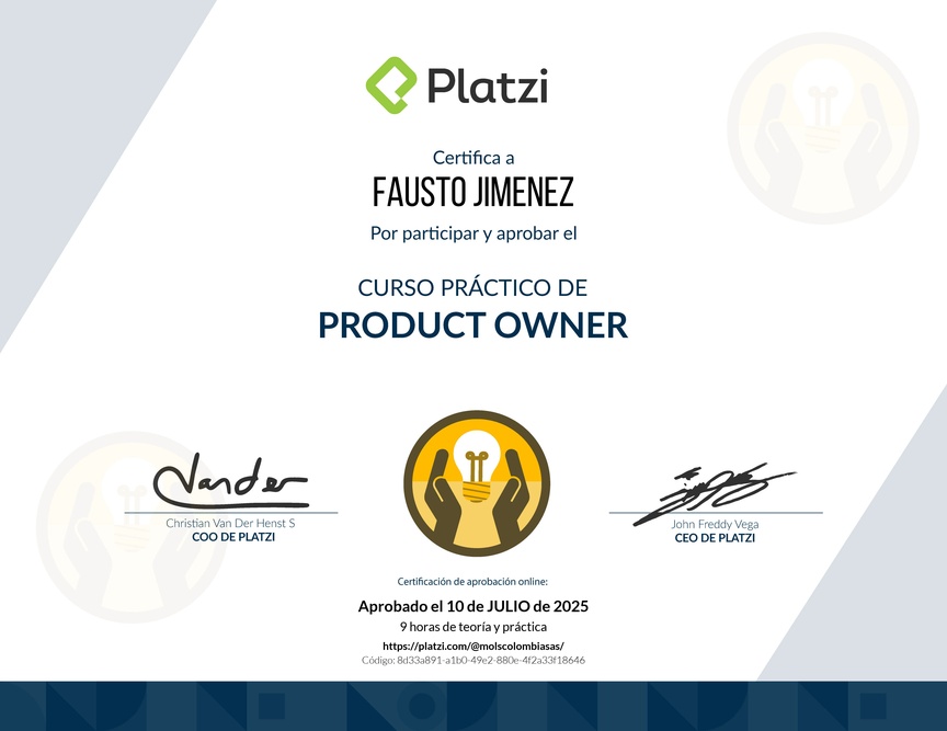 Diploma del Curso de Herramientas y Frameworks Intermedias para Product Owners