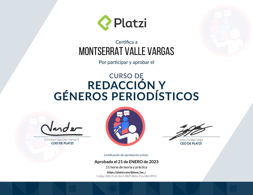 Diploma del Curso de Redacción y Géneros Periodísticos