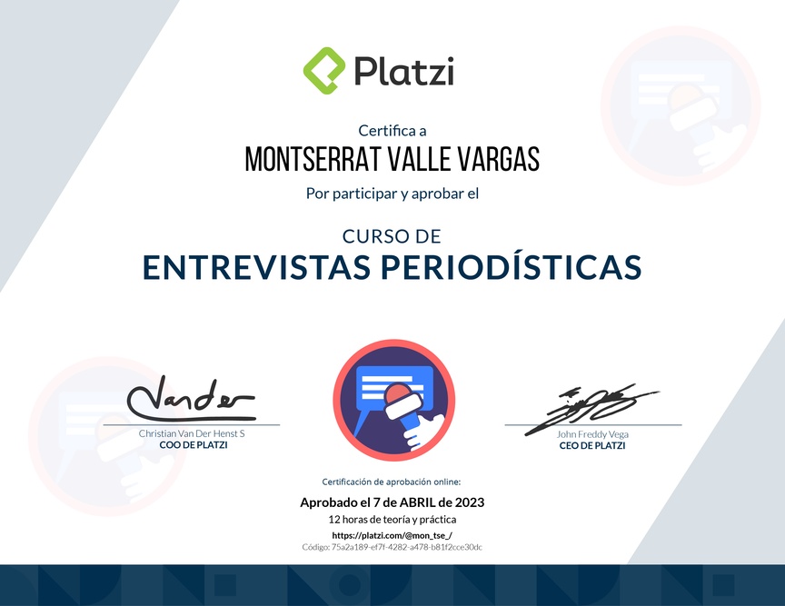 Diploma del Curso de Entrevistas Periodísticas