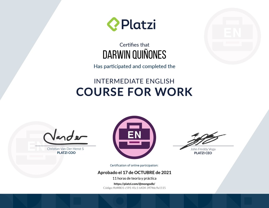 Diploma del Curso Intermedio de  Inglés  para el Trabajo 2020