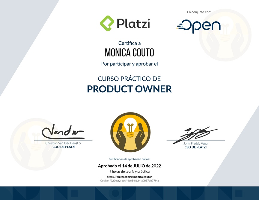 Diploma del Curso de Herramientas y Frameworks Intermedias para Product Owners