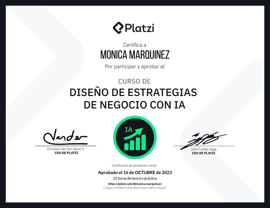 Diploma del Curso de Diseño de Estrategias de Negocio con Inteligencia Artificial: Optimización y Personalización