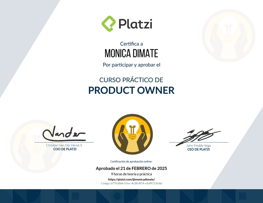 Diploma del Curso de Herramientas y Frameworks Intermedias para Product Owners