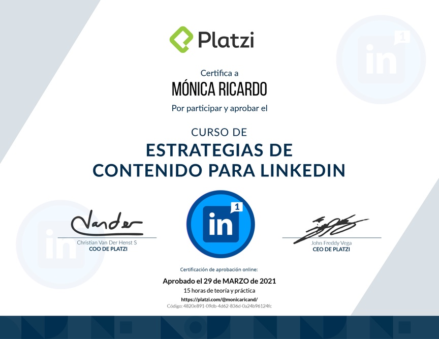 Diploma del Curso de Estrategias de Contenido para LinkedIn