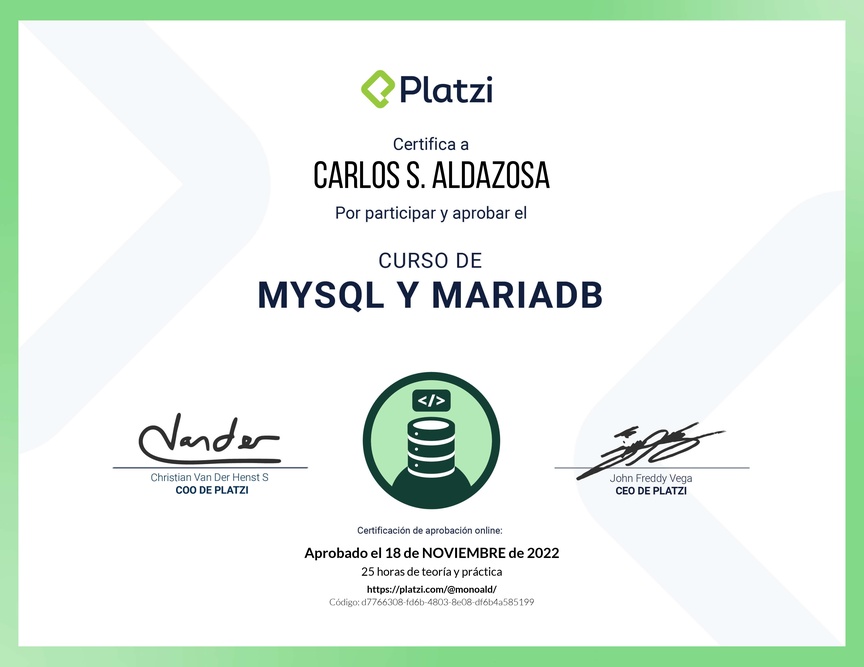 Diploma del Curso de Bases de Datos con MySQL y MariaDB