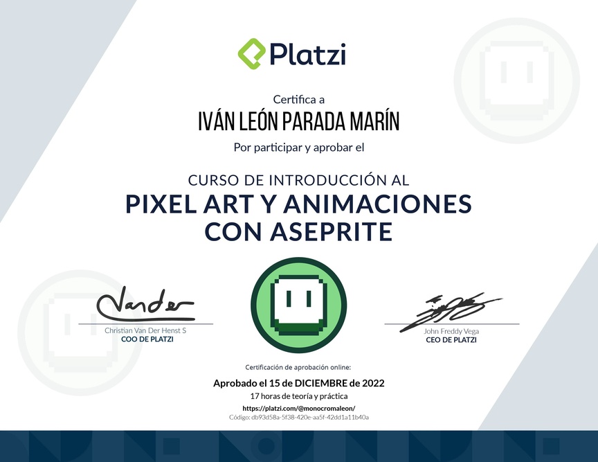 Diploma del Curso de Introducción al Pixel Art y Animaciones con Aseprite